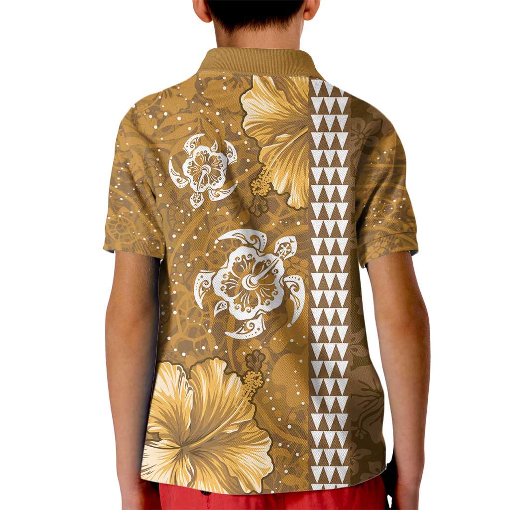 Gold Hibiscus Turle Kid Polo Shirt Hawaiian Style Tribal Tapa Pattern