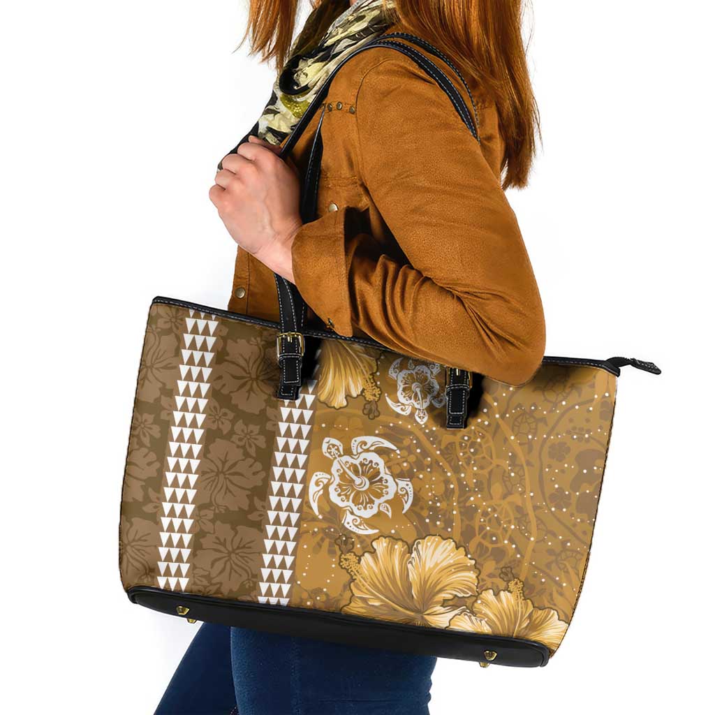 Gold Hibiscus Turle Leather Tote Bag Hawaiian Style Tribal Tapa Pattern LT9 Gold - Polynesian Pride