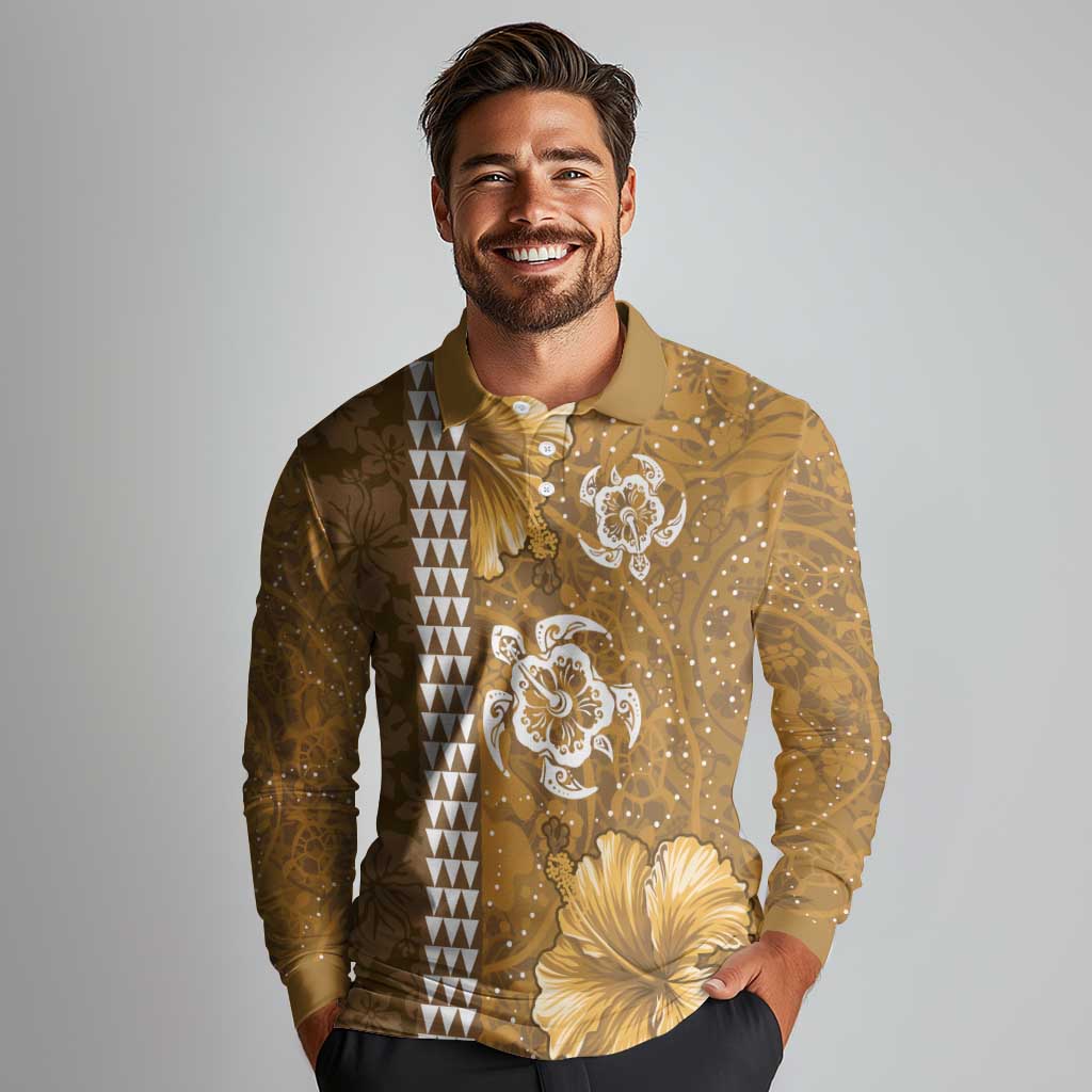 Gold Hibiscus Turle Long Sleeve Polo Shirt Hawaiian Style Tribal Tapa Pattern