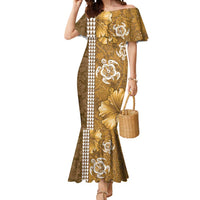 Gold Hibiscus Turle Mermaid Dress Hawaiian Style Tribal Tapa Pattern