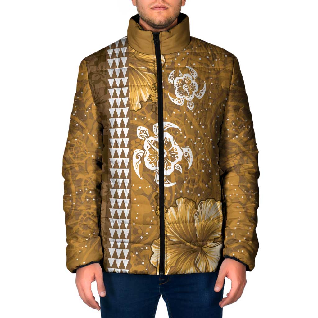 Gold Hibiscus Turle Padded Jacket Hawaiian Style Tribal Tapa Pattern - Polynesian Pride