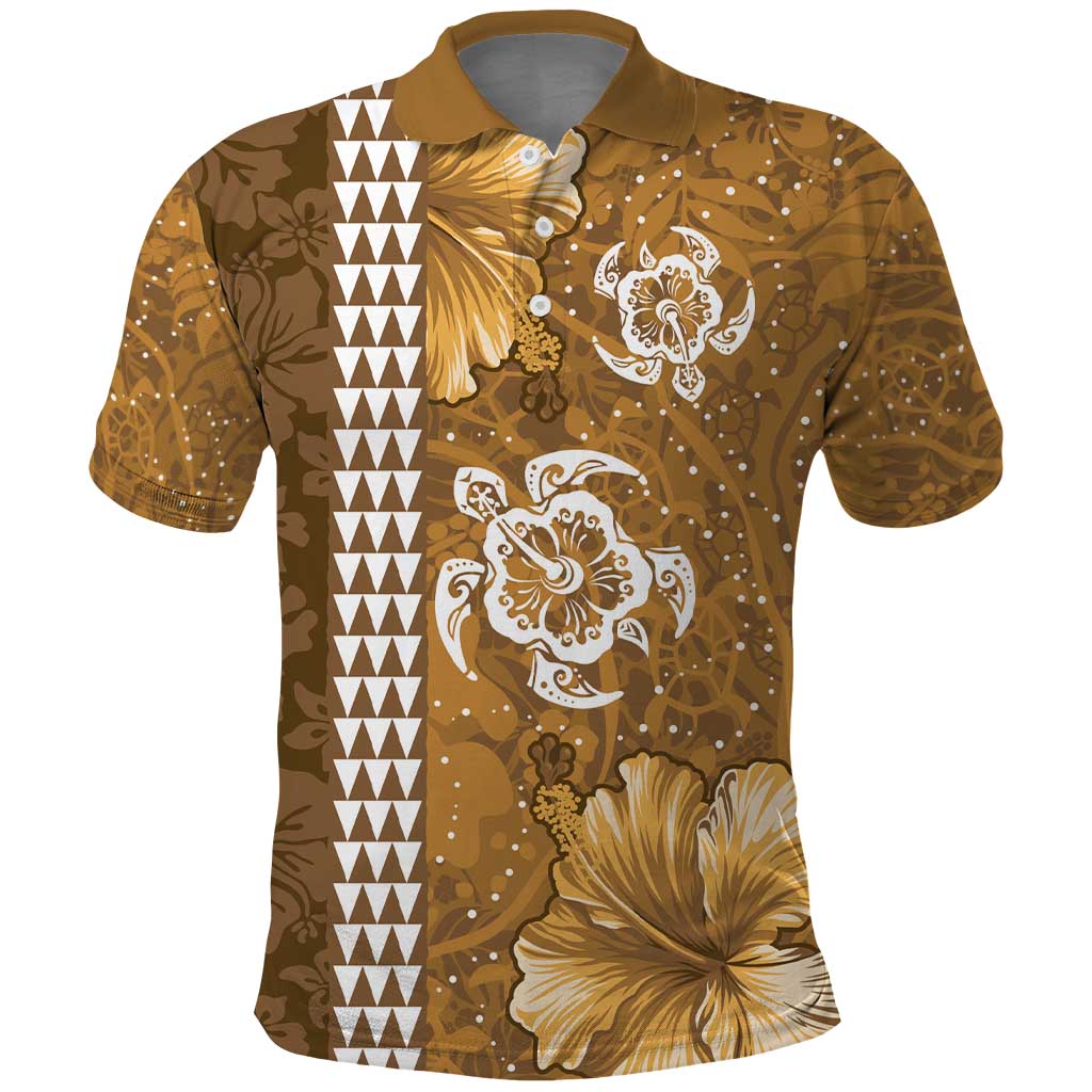 Gold Hibiscus Turle Polo Shirt Hawaiian Style Tribal Tapa Pattern