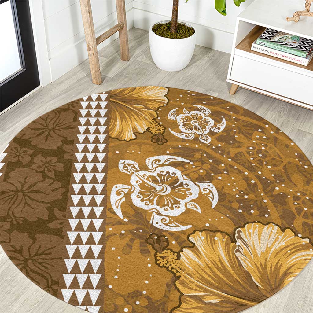 Gold Hibiscus Turle Round Carpet Hawaiian Style Tribal Tapa Pattern LT9 Gold - Polynesian Pride