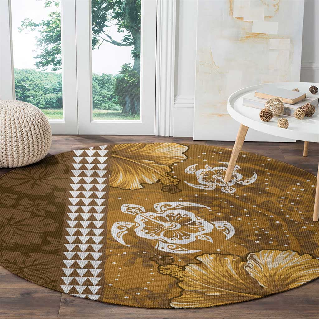 Gold Hibiscus Turle Round Carpet Hawaiian Style Tribal Tapa Pattern LT9 - Polynesian Pride