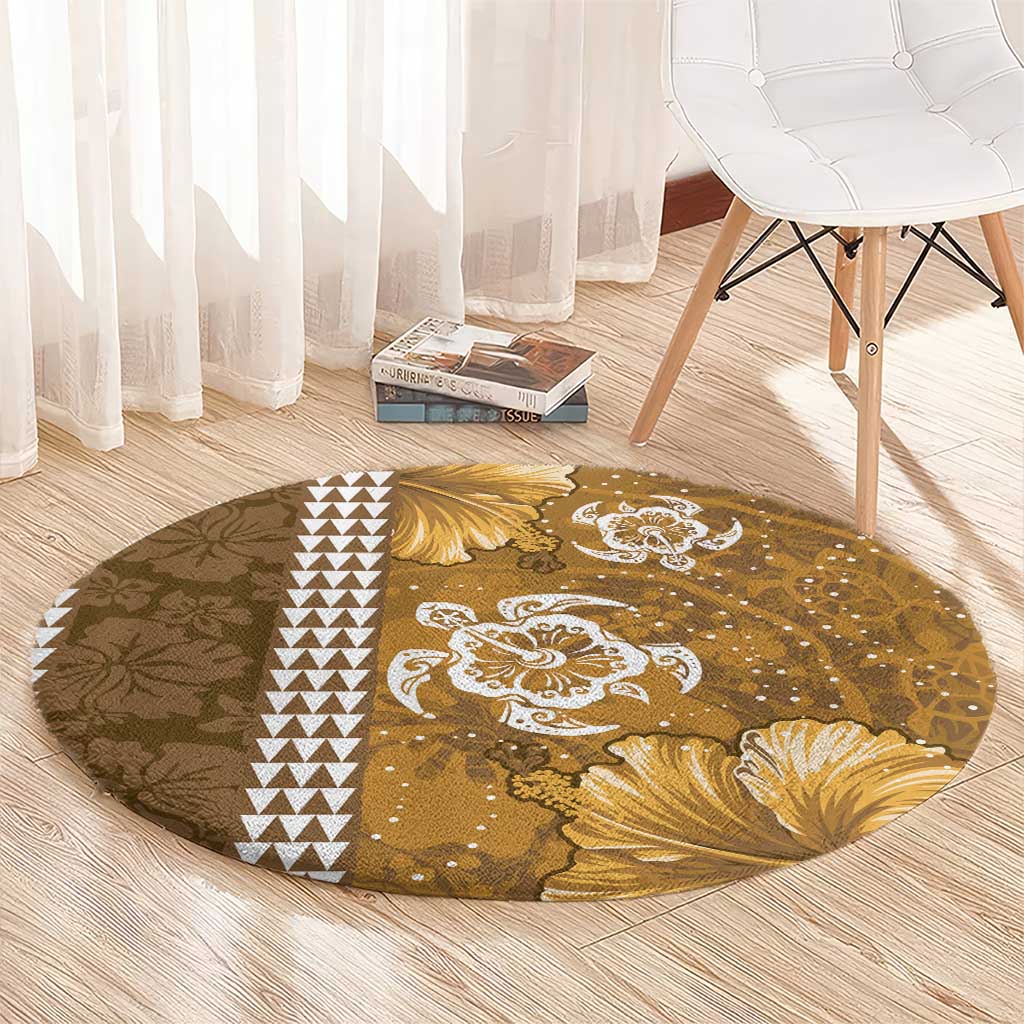 Gold Hibiscus Turle Round Carpet Hawaiian Style Tribal Tapa Pattern LT9 - Polynesian Pride