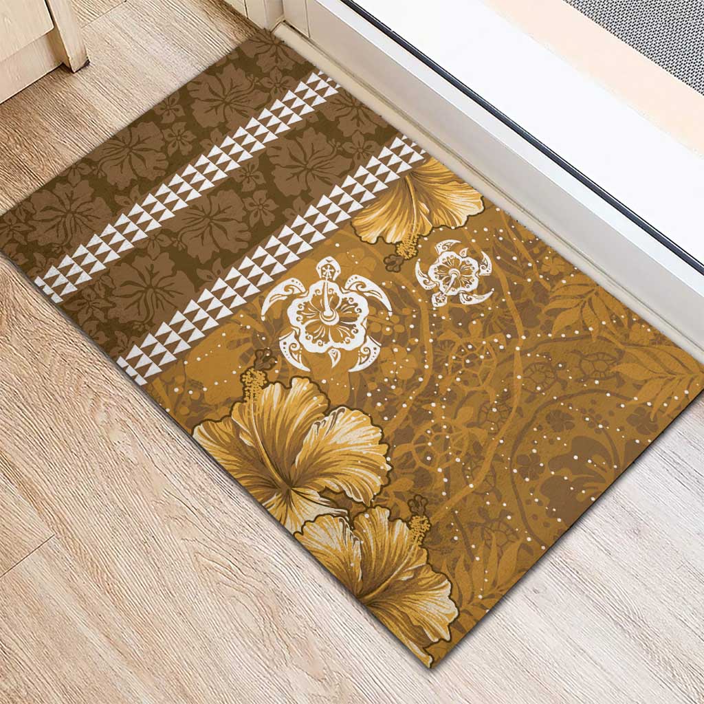 Gold Hibiscus Turle Rubber Doormat Hawaiian Style Tribal Tapa Pattern