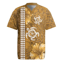 Gold Hibiscus Turle Rugby Jersey Hawaiian Style Tribal Tapa Pattern