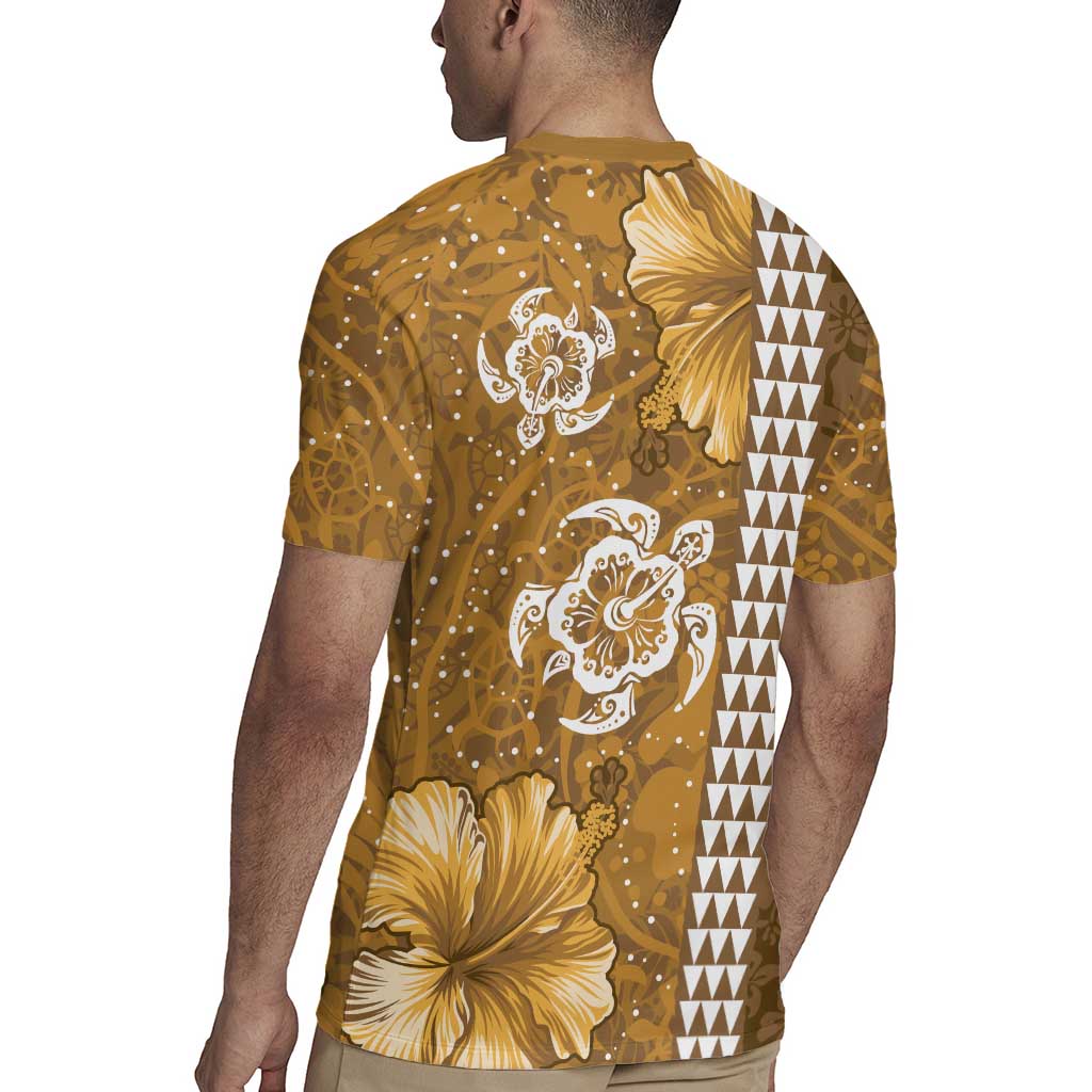 Gold Hibiscus Turle Rugby Jersey Hawaiian Style Tribal Tapa Pattern