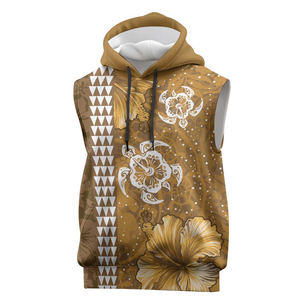 Gold Hibiscus Turle Sleeveless Hoodie Hawaiian Style Tribal Tapa Pattern - Polynesian Pride