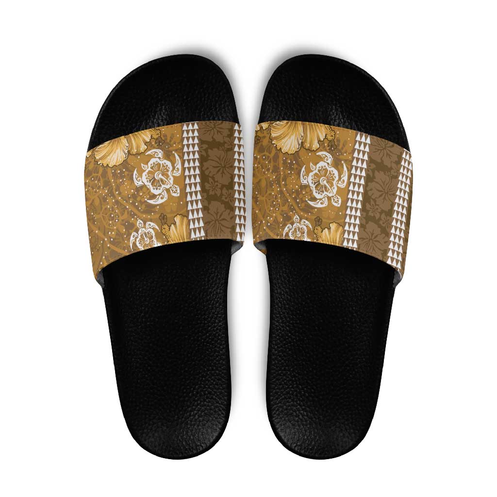 Gold Hibiscus Turle Slide Sandals Hawaiian Style Tribal Tapa Pattern - Polynesian Pride