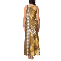 Gold Hibiscus Turle Tank Maxi Dress Hawaiian Style Tribal Tapa Pattern