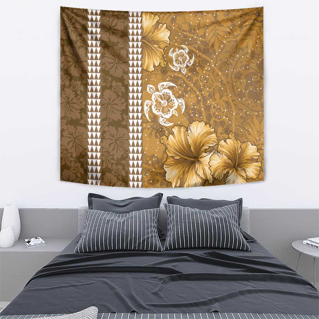 Gold Hibiscus Turle Tapestry Hawaiian Style Tribal Tapa Pattern