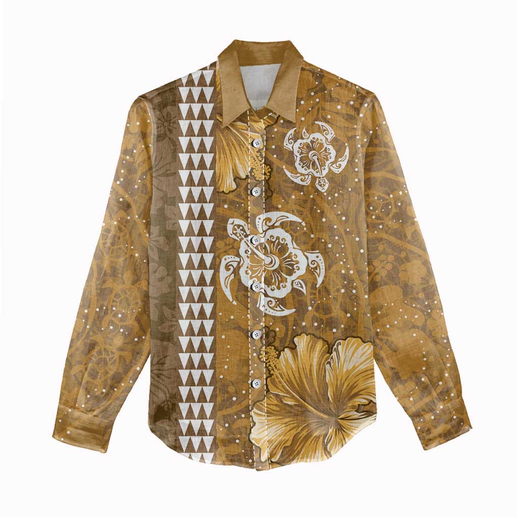 Gold Hibiscus Turle Women Casual Shirt Hawaiian Style Tribal Tapa Pattern