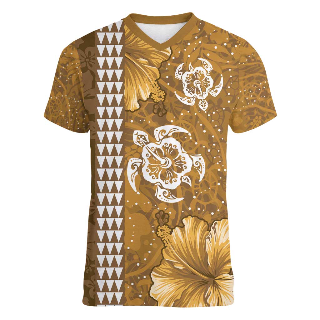 Gold Hibiscus Turle Women V-Neck T-Shirt Hawaiian Style Tribal Tapa Pattern