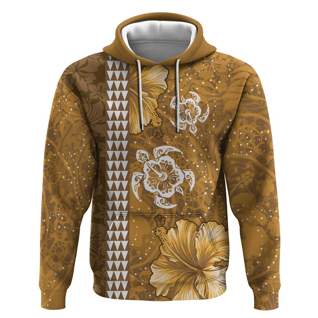 Gold Hibiscus Turle Zip Hoodie Hawaiian Style Tribal Tapa Pattern