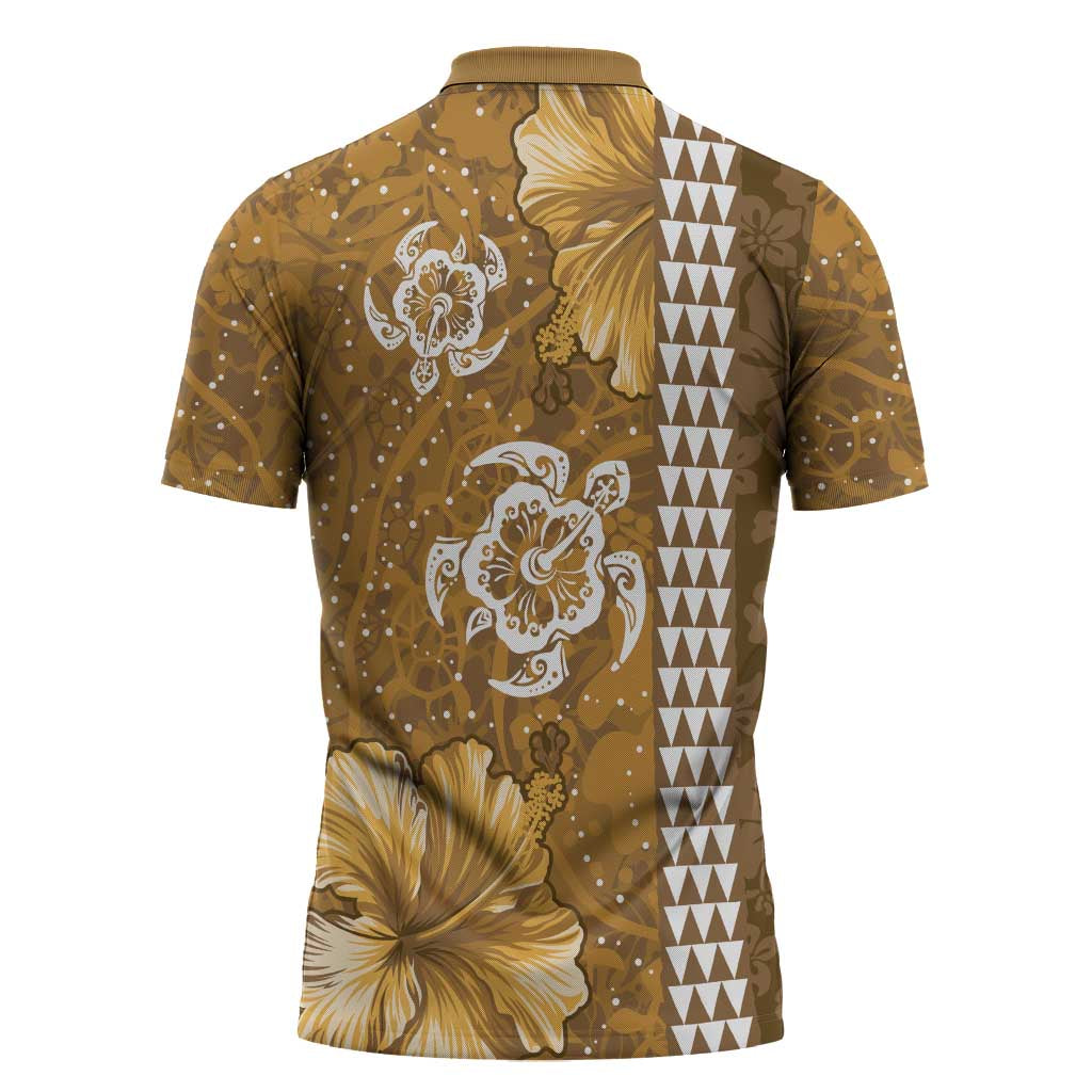 Gold Hibiscus Turle Zipper Polo Shirt Hawaiian Style Tribal Tapa Pattern - Polynesian Pride