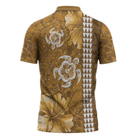 Gold Hibiscus Turle Zipper Polo Shirt Hawaiian Style Tribal Tapa Pattern - Polynesian Pride