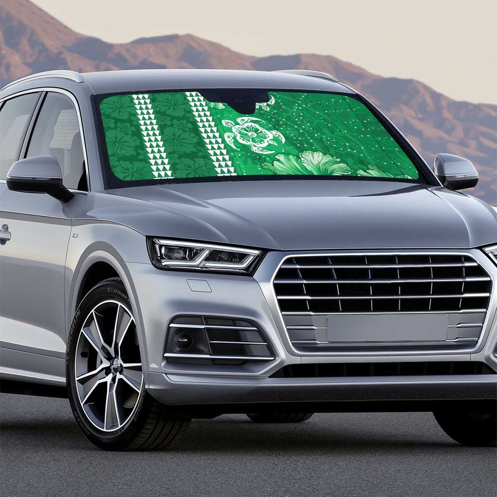 Green Hibiscus Turle Auto Sun Shade Hawaiian Style Tribal Tapa Pattern - Polynesian Pride