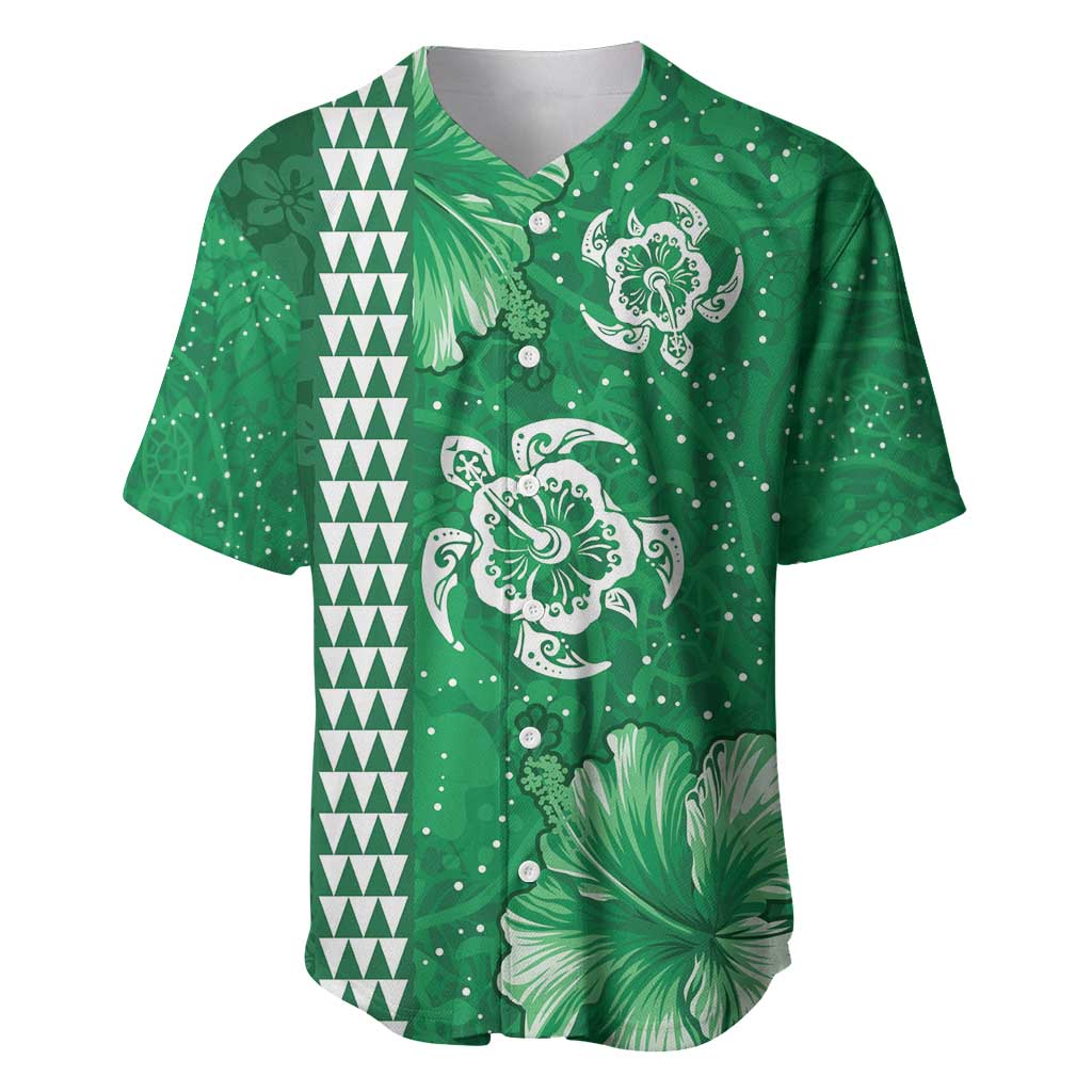 Green Hibiscus Turle Baseball Jersey Hawaiian Style Tribal Tapa Pattern