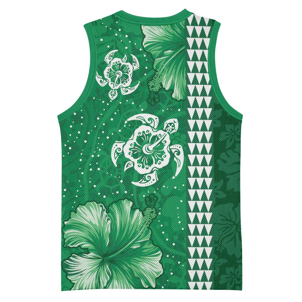 Green Hibiscus Turle Basketball Jersey Hawaiian Style Tribal Tapa Pattern - Polynesian Pride