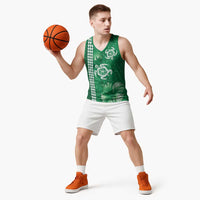 Green Hibiscus Turle Basketball Jersey Hawaiian Style Tribal Tapa Pattern - Polynesian Pride