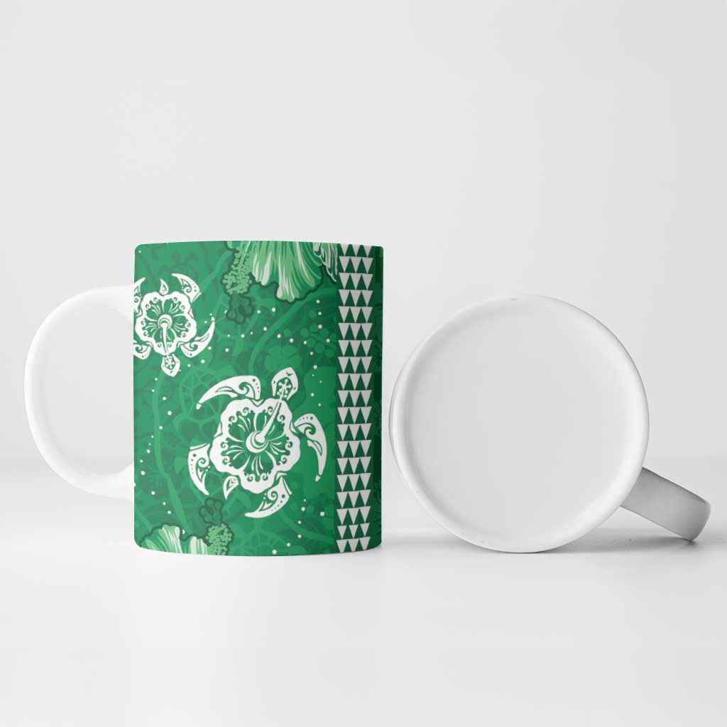 Green Hibiscus Turle Ceramic Mug Hawaiian Style Tribal Tapa Pattern - Polynesian Pride