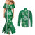 Green Hibiscus Turle Couples Matching Mermaid Dress and Long Sleeve Button Shirt Hawaiian Style Tribal Tapa Pattern