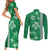 Green Hibiscus Turle Couples Matching Short Sleeve Bodycon Dress and Long Sleeve Button Shirt Hawaiian Style Tribal Tapa Pattern