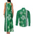 Green Hibiscus Turle Couples Matching Tank Maxi Dress and Long Sleeve Button Shirt Hawaiian Style Tribal Tapa Pattern