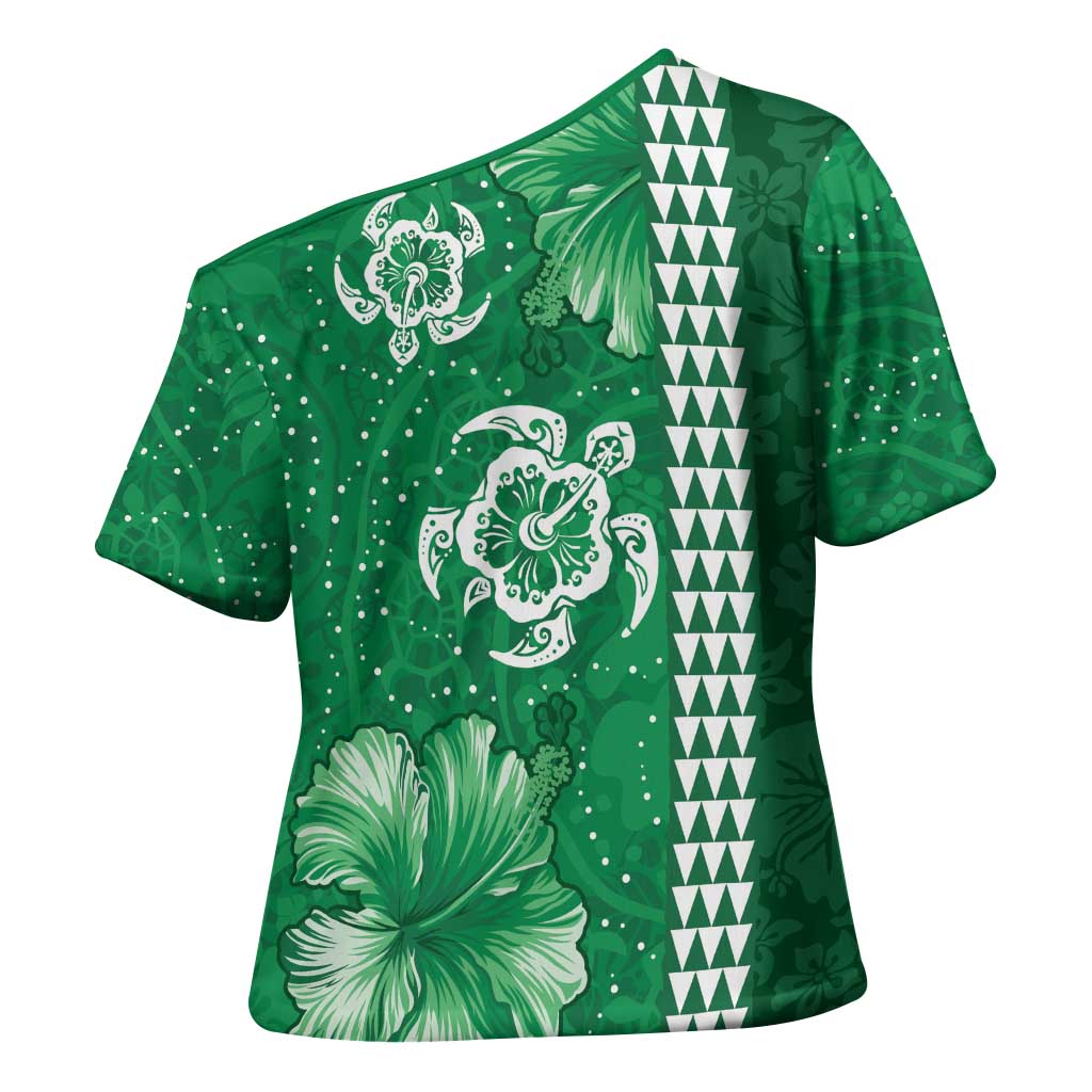 Green Hibiscus Turle Cross Shoulder Shirt Hawaiian Style Tribal Tapa Pattern - Polynesian Pride