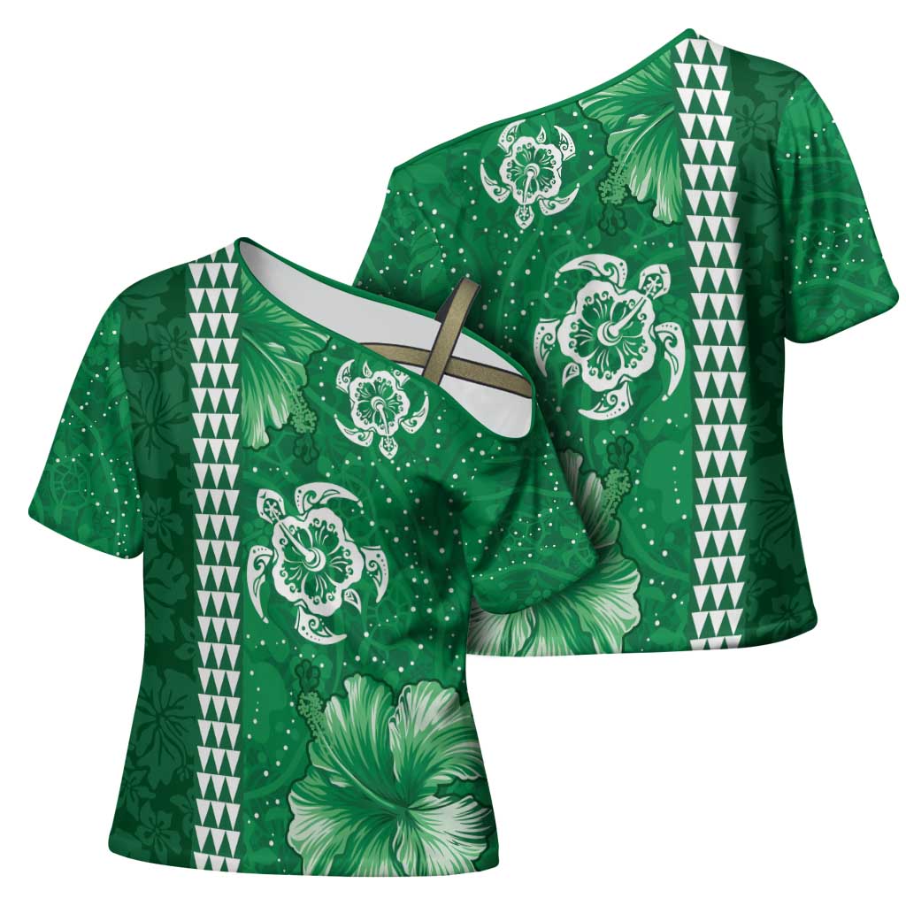 Green Hibiscus Turle Cross Shoulder Shirt Hawaiian Style Tribal Tapa Pattern - Polynesian Pride