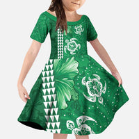 Green Hibiscus Turle Family Matching Long Sleeve Bodycon Dress and Hawaiian Shirt Hawaiian Style Tribal Tapa Pattern LT9 Daughter's Dress Green - Polynesian Pride
