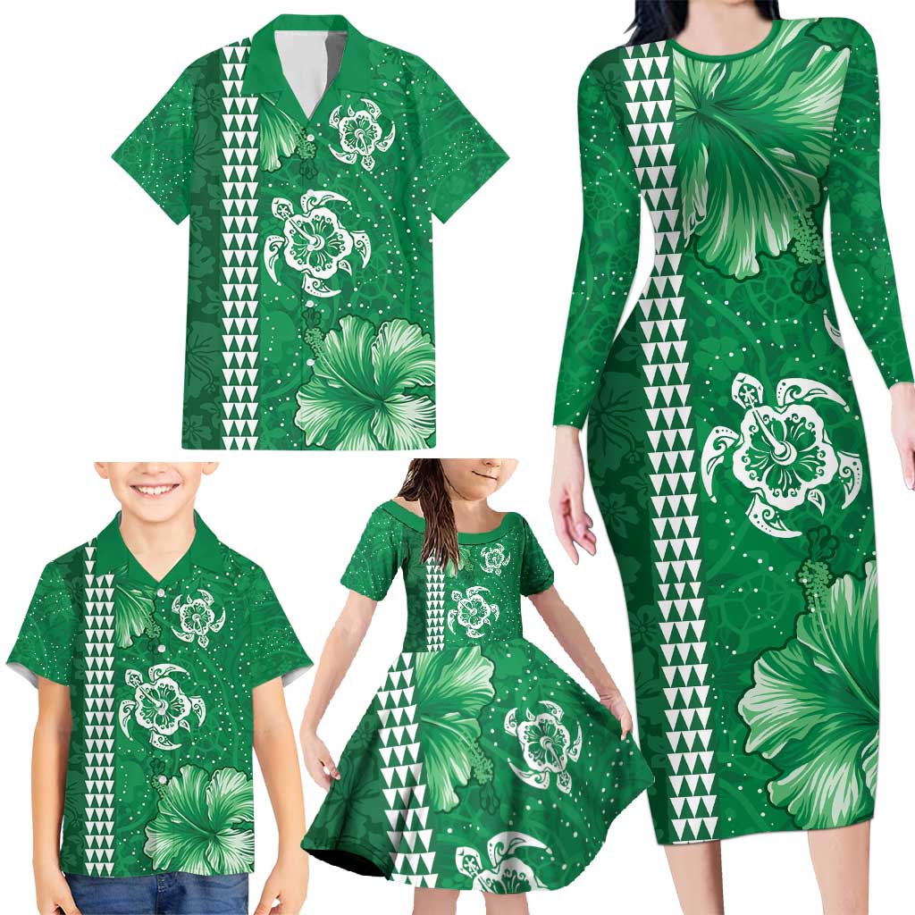 Green Hibiscus Turle Family Matching Long Sleeve Bodycon Dress and Hawaiian Shirt Hawaiian Style Tribal Tapa Pattern