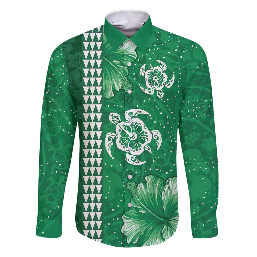 Green Hibiscus Turle Family Matching Long Sleeve Bodycon Dress and Hawaiian Shirt Hawaiian Style Tribal Tapa Pattern LT9 Dad's Shirt - Long Sleeve Green - Polynesian Pride