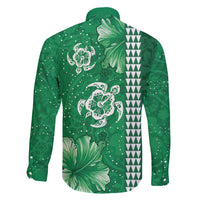 Green Hibiscus Turle Family Matching Long Sleeve Bodycon Dress and Hawaiian Shirt Hawaiian Style Tribal Tapa Pattern LT9 - Polynesian Pride