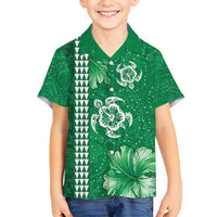 Green Hibiscus Turle Family Matching Long Sleeve Bodycon Dress and Hawaiian Shirt Hawaiian Style Tribal Tapa Pattern LT9 Son's Shirt Green - Polynesian Pride