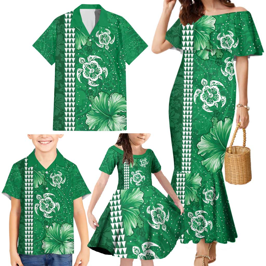 Green Hibiscus Turle Family Matching Mermaid Dress and Hawaiian Shirt Hawaiian Style Tribal Tapa Pattern