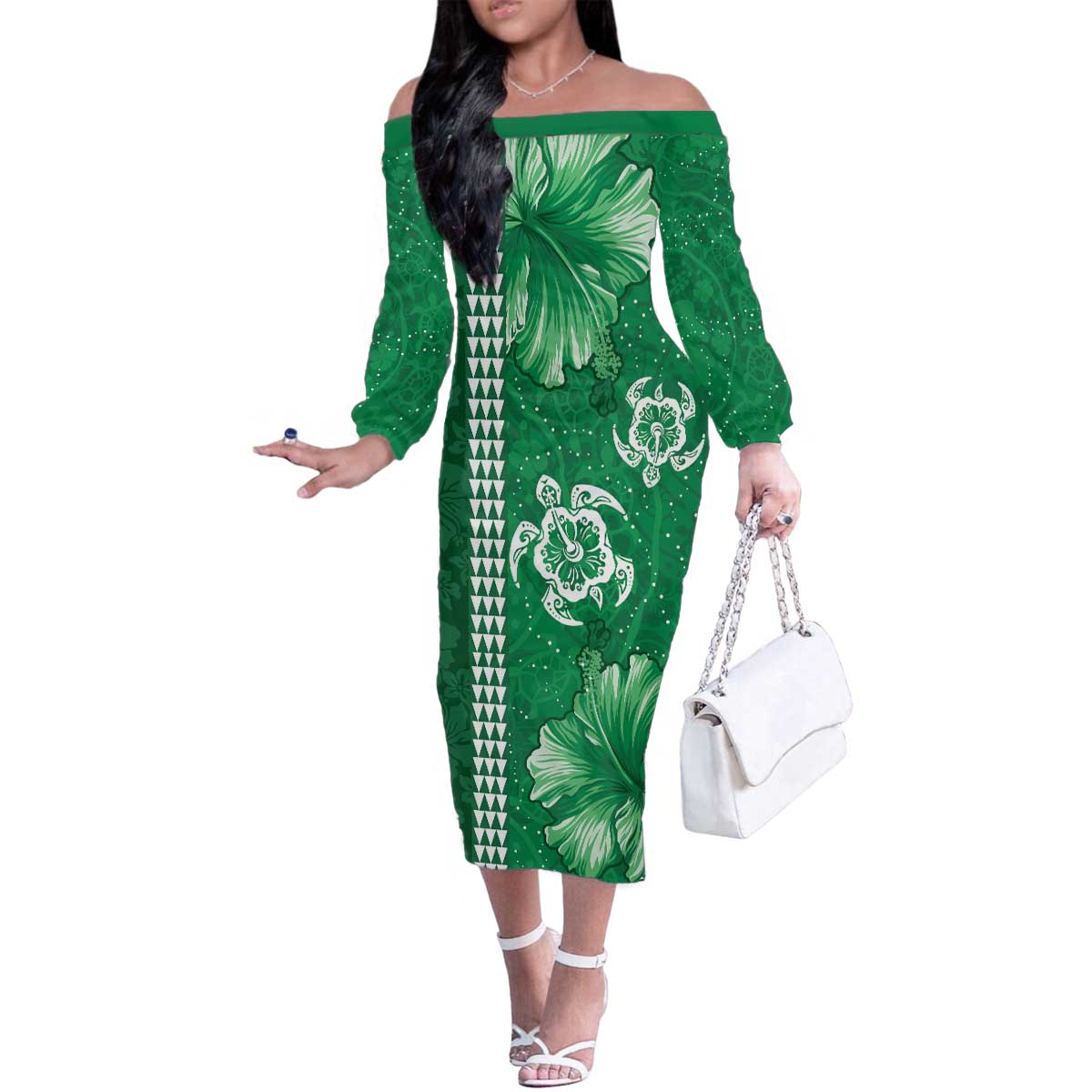 Green Hibiscus Turle Family Matching Off The Shoulder Long Sleeve Dress and Hawaiian Shirt Hawaiian Style Tribal Tapa Pattern