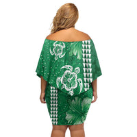 Green Hibiscus Turle Family Matching Off Shoulder Short Dress and Hawaiian Shirt Hawaiian Style Tribal Tapa Pattern