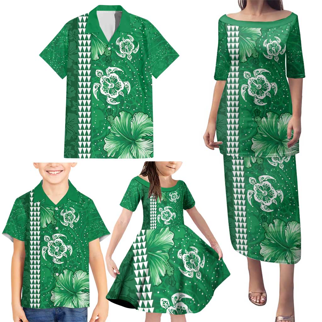 Green Hibiscus Turle Family Matching Puletasi and Hawaiian Shirt Hawaiian Style Tribal Tapa Pattern