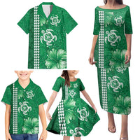 Green Hibiscus Turle Family Matching Puletasi and Hawaiian Shirt Hawaiian Style Tribal Tapa Pattern