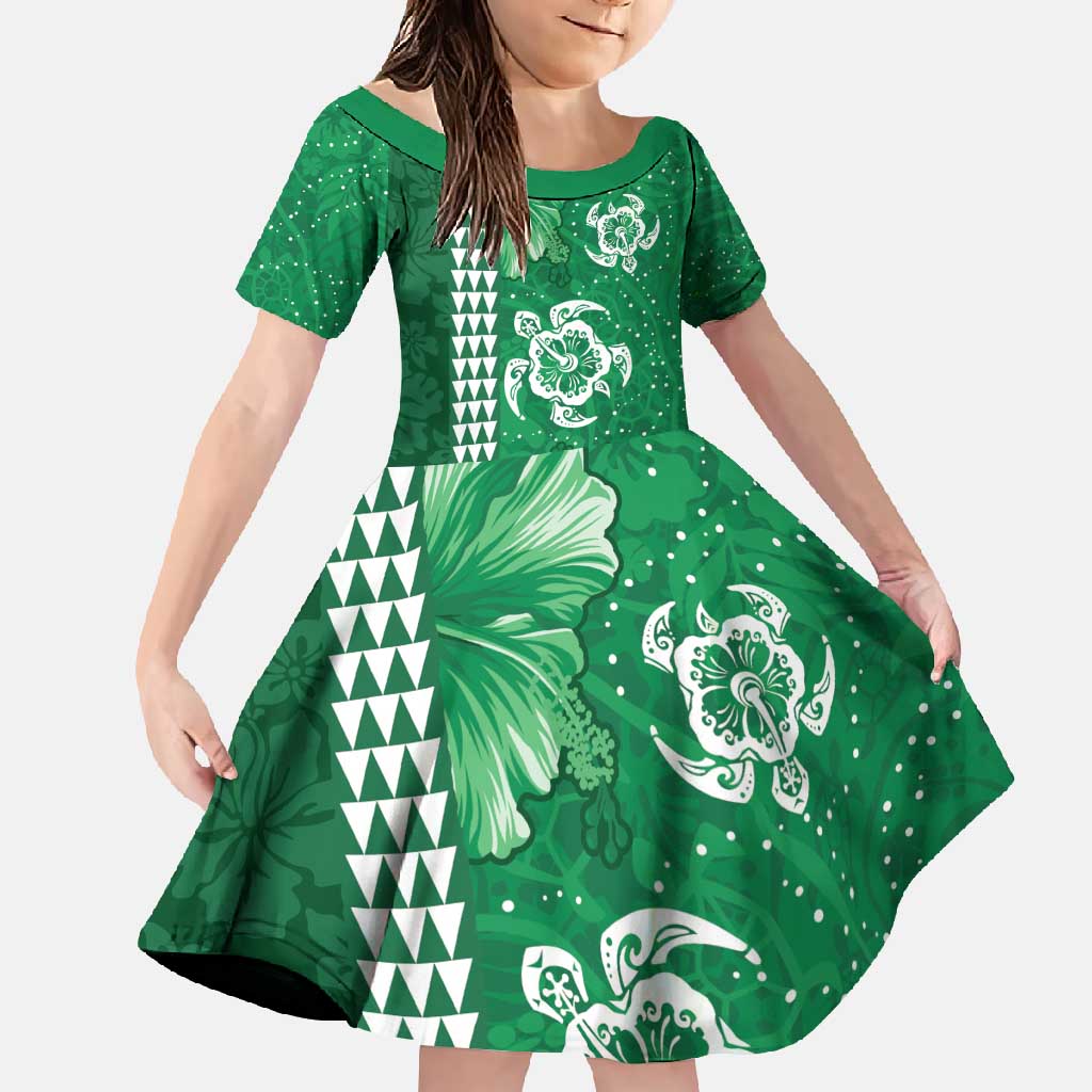 Green Hibiscus Turle Family Matching Short Sleeve Bodycon Dress and Hawaiian Shirt Hawaiian Style Tribal Tapa Pattern LT9 Daughter's Dress Green - Polynesian Pride