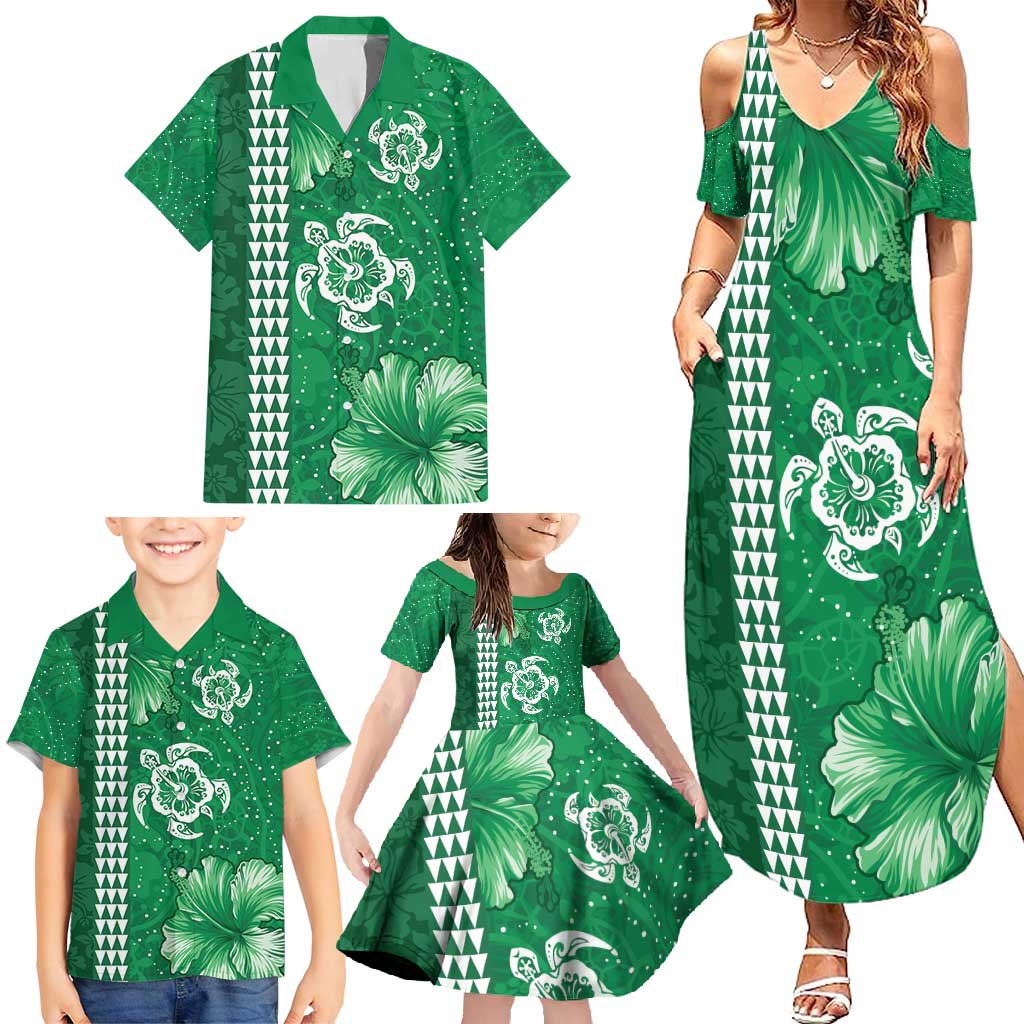 Green Hibiscus Turle Family Matching Summer Maxi Dress and Hawaiian Shirt Hawaiian Style Tribal Tapa Pattern