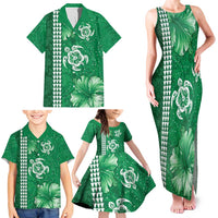 Green Hibiscus Turle Family Matching Tank Maxi Dress and Hawaiian Shirt Hawaiian Style Tribal Tapa Pattern