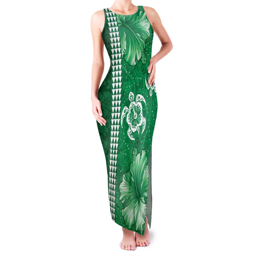 Green Hibiscus Turle Family Matching Tank Maxi Dress and Hawaiian Shirt Hawaiian Style Tribal Tapa Pattern