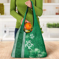 Green Hibiscus Turle Grocery Bag Hawaiian Style Tribal Tapa Pattern