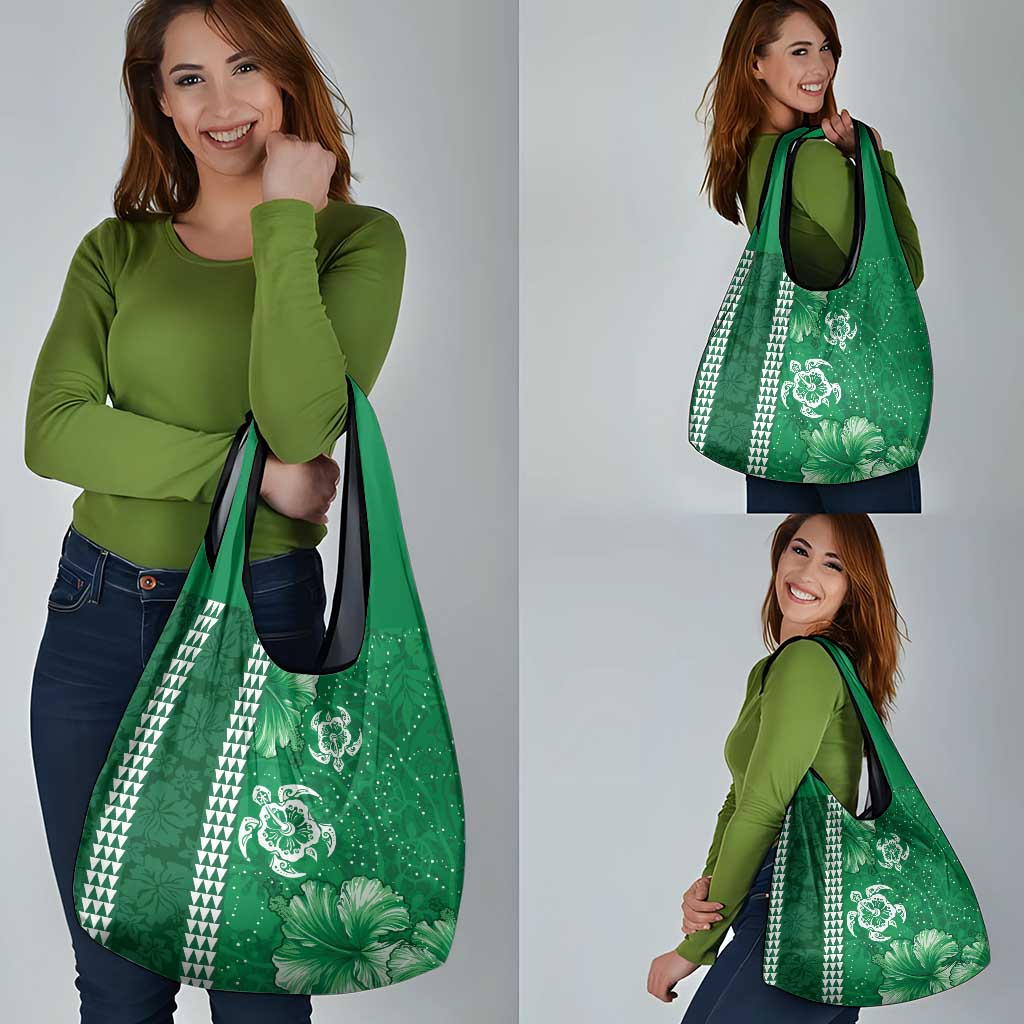 Green Hibiscus Turle Grocery Bag Hawaiian Style Tribal Tapa Pattern