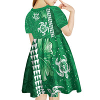 Green Hibiscus Turle Kid Short Sleeve Dress Hawaiian Style Tribal Tapa Pattern