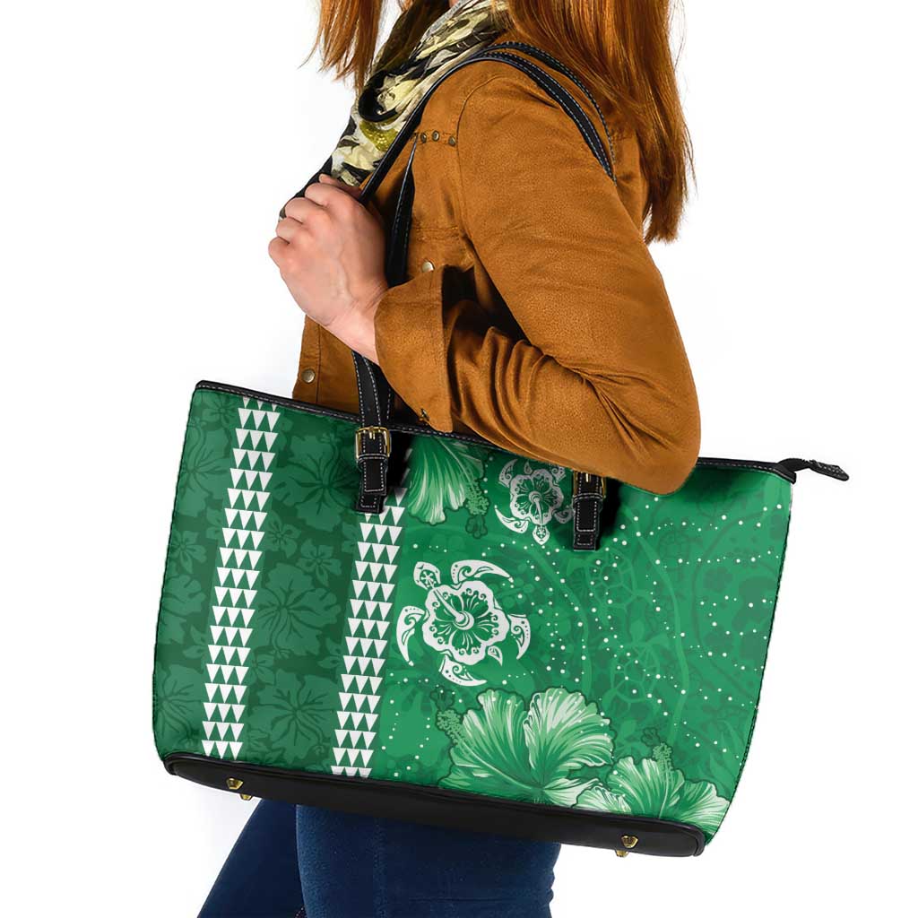 Green Hibiscus Turle Leather Tote Bag Hawaiian Style Tribal Tapa Pattern LT9 Green - Polynesian Pride
