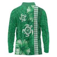 Green Hibiscus Turle Long Sleeve Polo Shirt Hawaiian Style Tribal Tapa Pattern